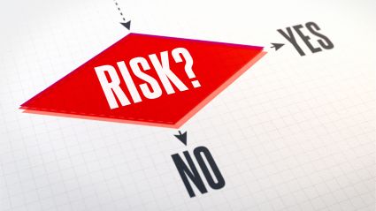 Red diamond-shaped graphic with the word “RISK?” in bold white letters, connected by arrows to the words “YES” on the right and “NO” below, on a white grid-patterned background.